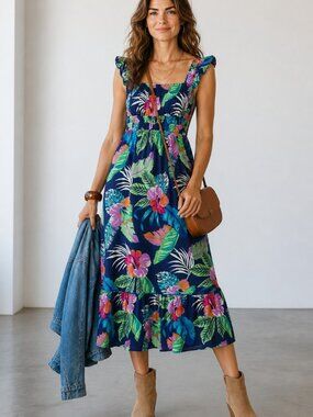 Umgee NWT Navy Tropical Floral Smocked Midi Dress Ruffle Boho S